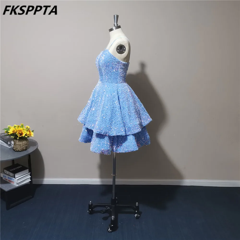 Vestido de graduación azul para mujer, Falda corta A capas, tirantes finos, lentejuelas elásticas, brillante, vestidos de fiesta de cumpleaños, personalizado