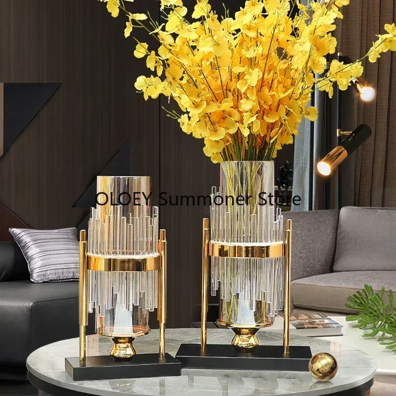 Metal Transparent Glass Accessories Home Design Luxury Crystal Plant Pot Dried Flowers Living Room Jarrones Table Flower Vase