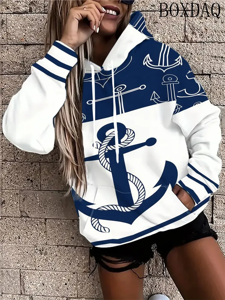 Women's Anchor And Dolphin Patterns Print Drawstring Hoodie New Autumn Casual With Pockets Long Sleeves Comfortable Sweatshirts