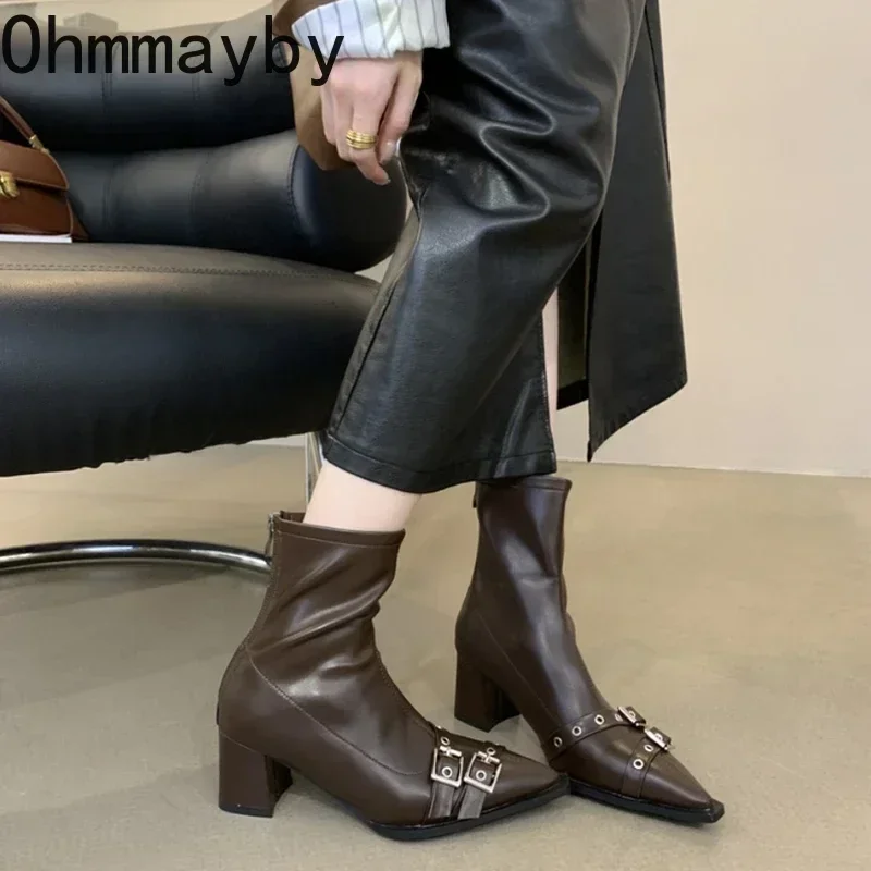 Pointed Toe Women Slimming Ankle Boots Fashion Belt Buckle Shoes Autumn Winter Thick Heel Ladies Elegant Short Booties