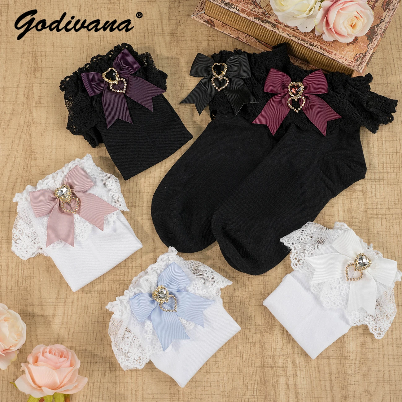 Japanese Lolita Bow Love Rhinestone Lace Cotton Socks Spring and Autumn Women's White Black JK Middle Tube Socks