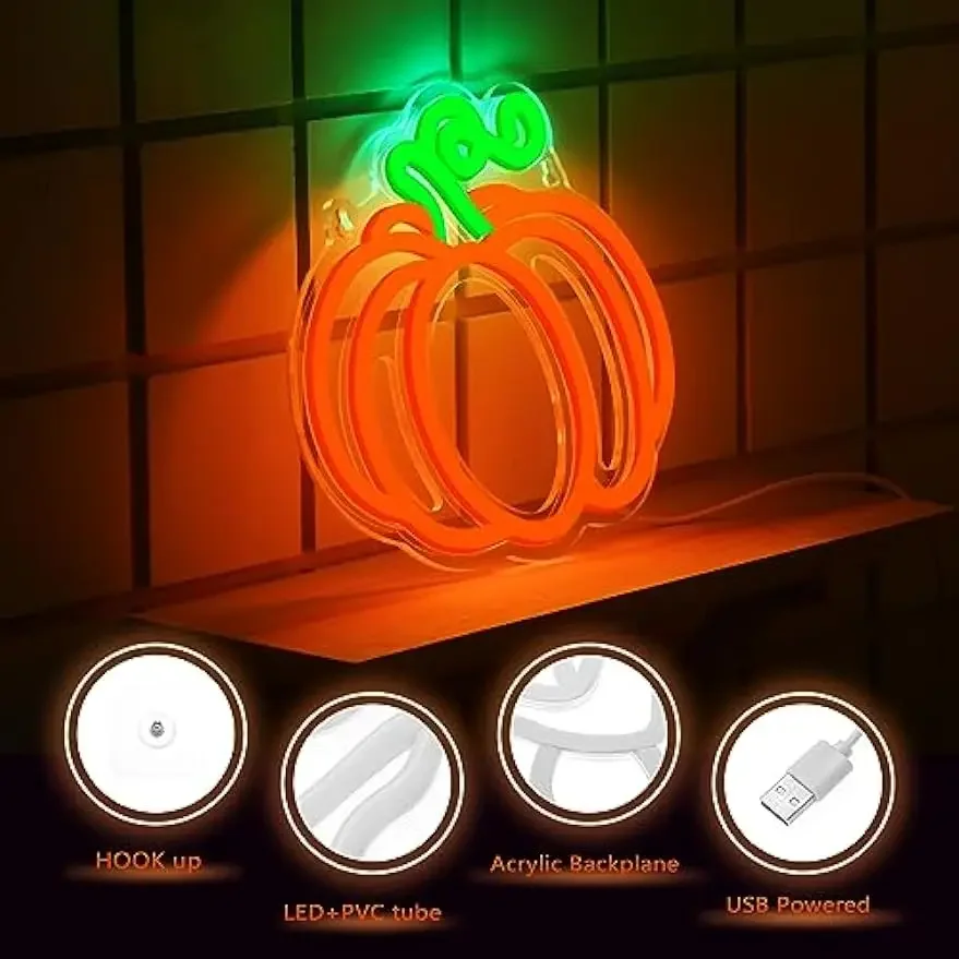 Halloween Pumpkin Neon Sign Halloween Decoration Neon Light LED Sign for Wall Decor USB Powered for Halloween Party Kids Gift