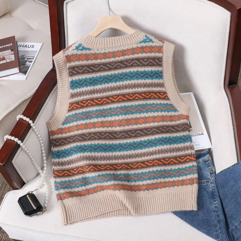 #3928 Sweater Vest Women V-neck Slim Vintage Short Knitted Vest Femme Sexy Sleeveless Striped Pullover Vest Female Vintage