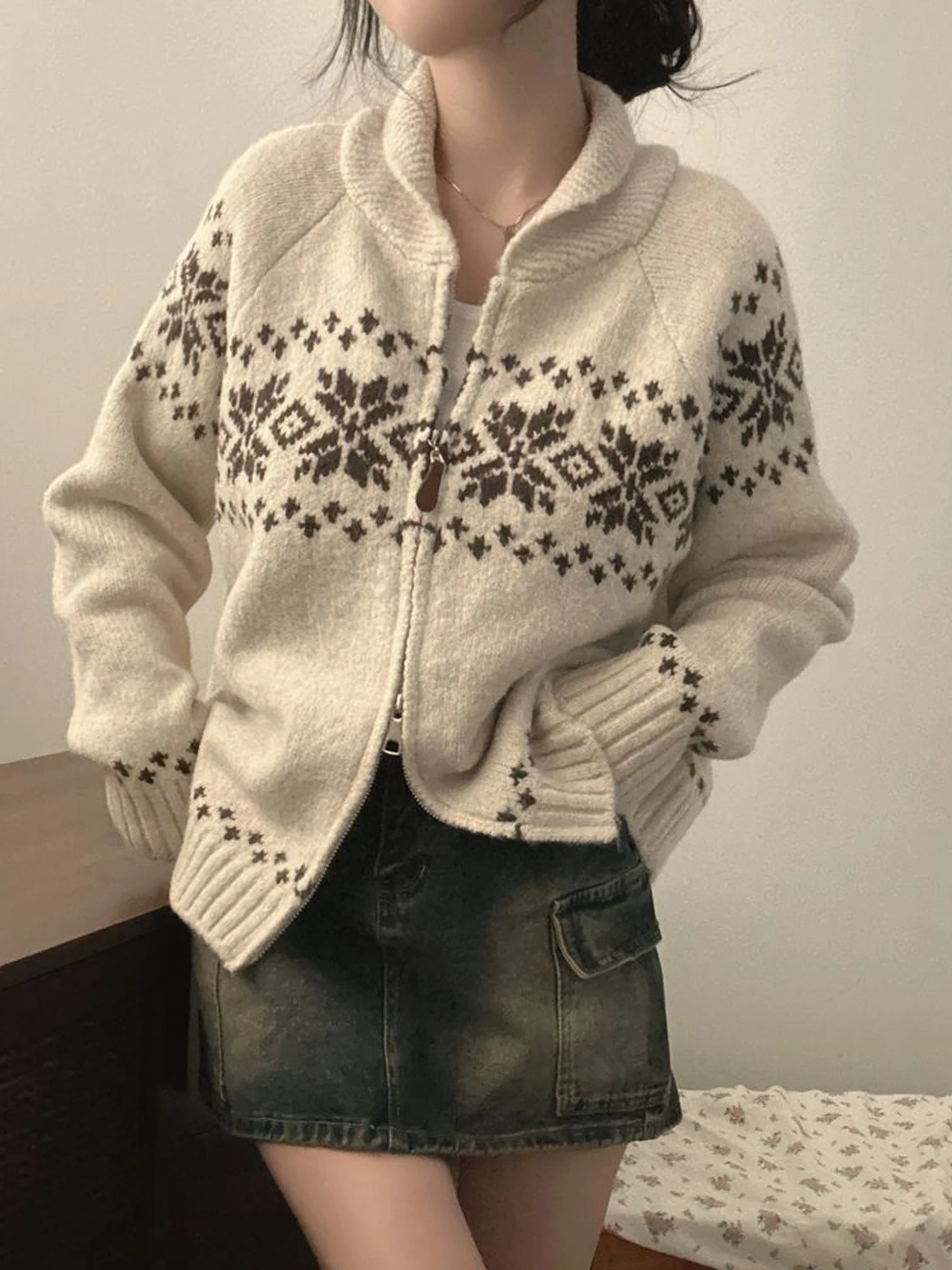Retro Floral Knitted Sweater Coat Women's Long Sleeve Double Zipper Loose Fit Autumn Winter Comfortable Soft Outerwear