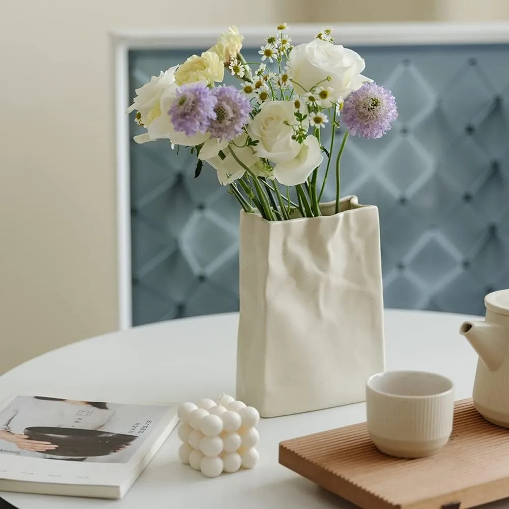 

Crinkle Paper Bag Shape Ceramic Vase, Large Capacity for Flower Arrangement, Bookshelf Decorative (Matte Crème)
