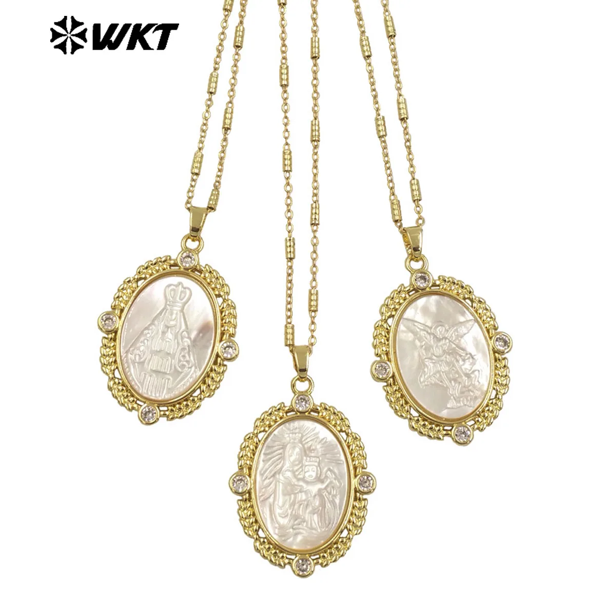 

WT-JN274 Gorgeous New Design Elegant 18K Gold Bezel Setting Christian Religious Guardian Angel Shell Necklace