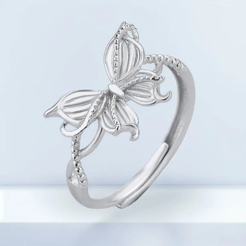 

S999 Pure Silver Filigrette Butterfly Ring for Women, Light Luxury, Court-style, Versatile, Adjustable Opening Ring