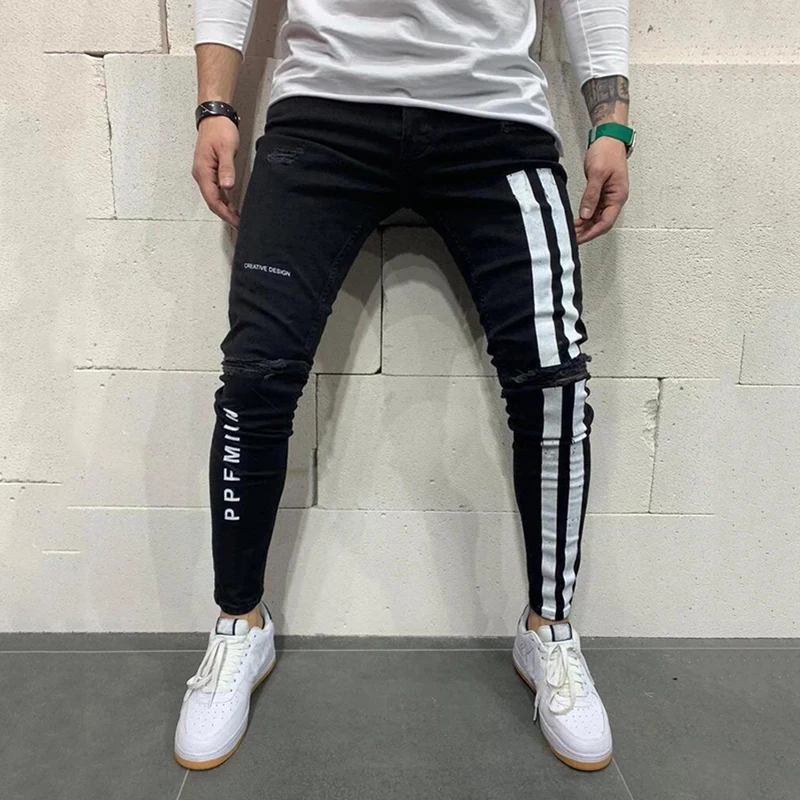 2025 الرجال نحيل الجينز موضة صغيرة الساق قلم رصاص بنطلون الربيع شارع العليا عادية بنطال مرن مطبوعة تنوعا الجينز الذكور #3