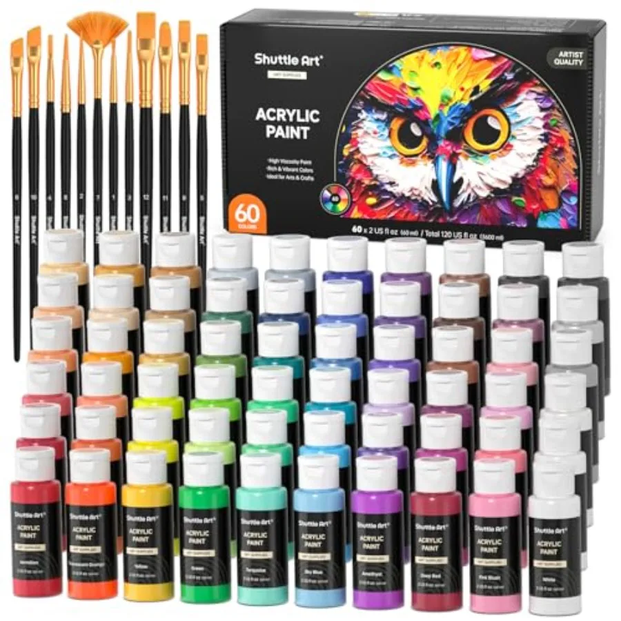 

72 Pack Acrylic Paint Set, 60 Colors Acrylic Paint Including Extra White Black and 12 Brushes, 2oz/60ml, Rich Pigmented, Water