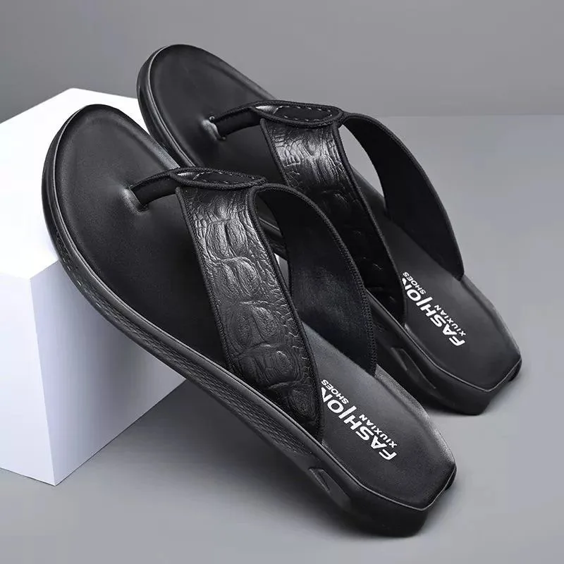 Summer New Shoes for Men Genuine Leather Slipper Crocodile Print Casual Sandals Comfortable Flip Flops Cool Beach Shoes