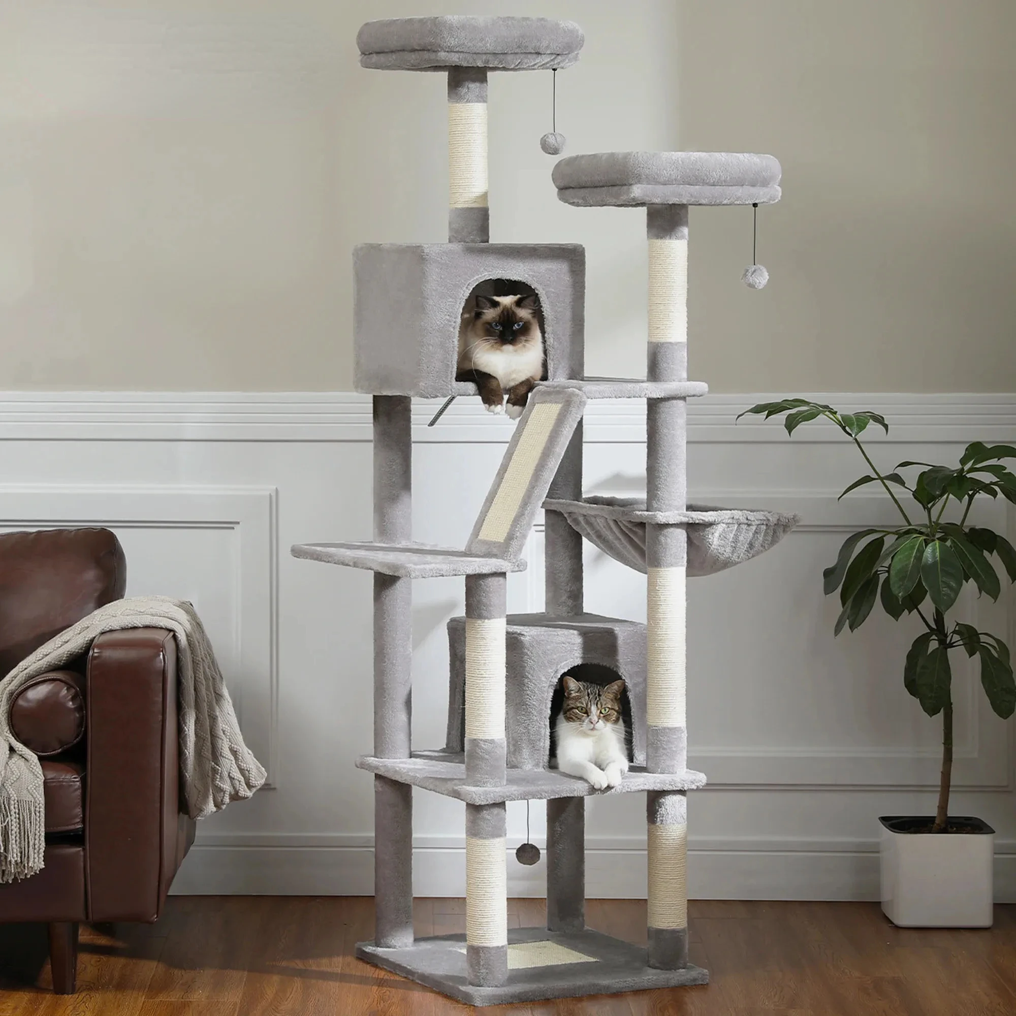 Large Cat Tree Tall Cat Tower Indoor 5-Level Cat Climbing Shel for Large Cats with Large Hammock Sisal Covered Scratching Posts