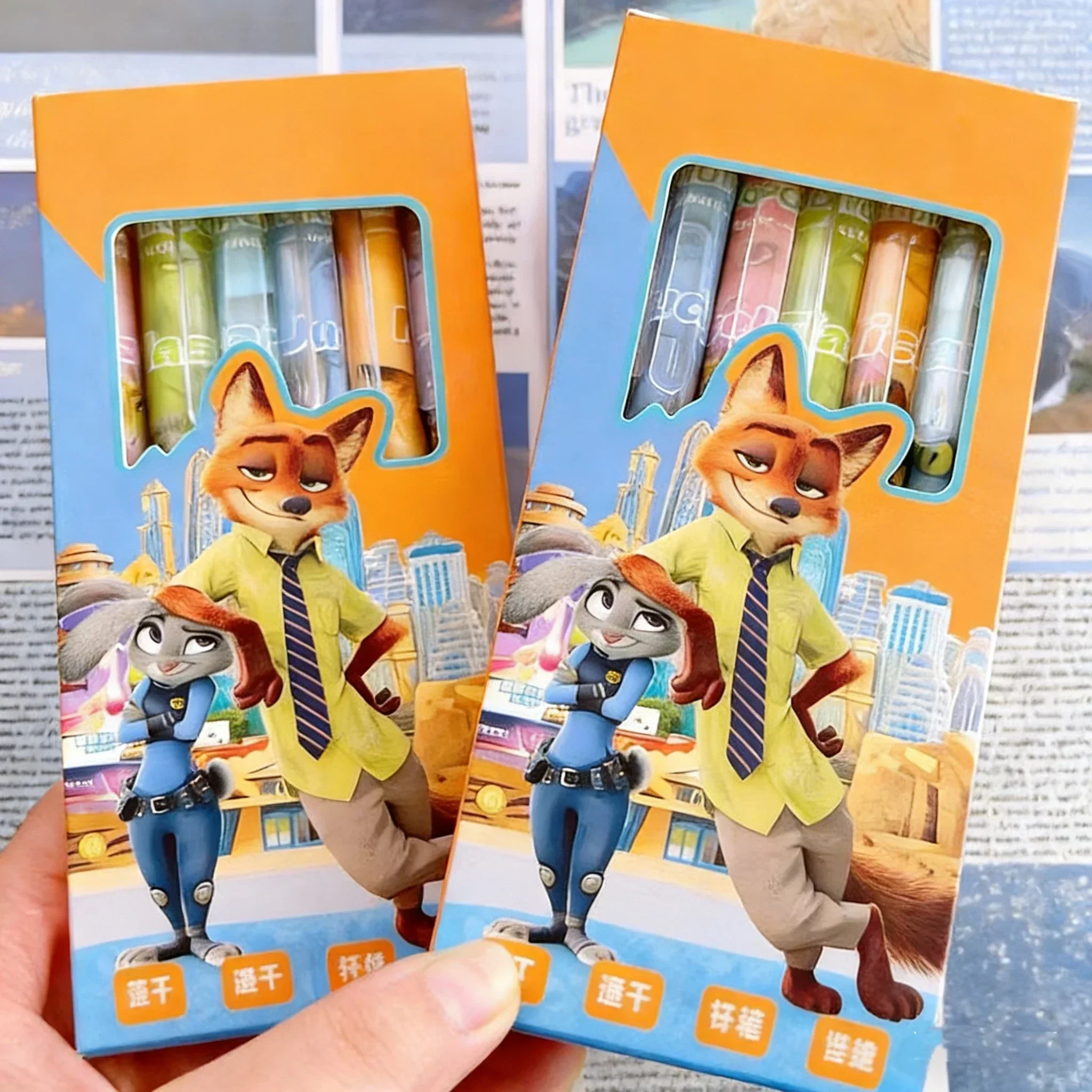 6-Piece Zootopia Nick & Judy Retractable Gel Pens Set - Fine Nib Quick-Drying Black Ink Stationery for Study Writing