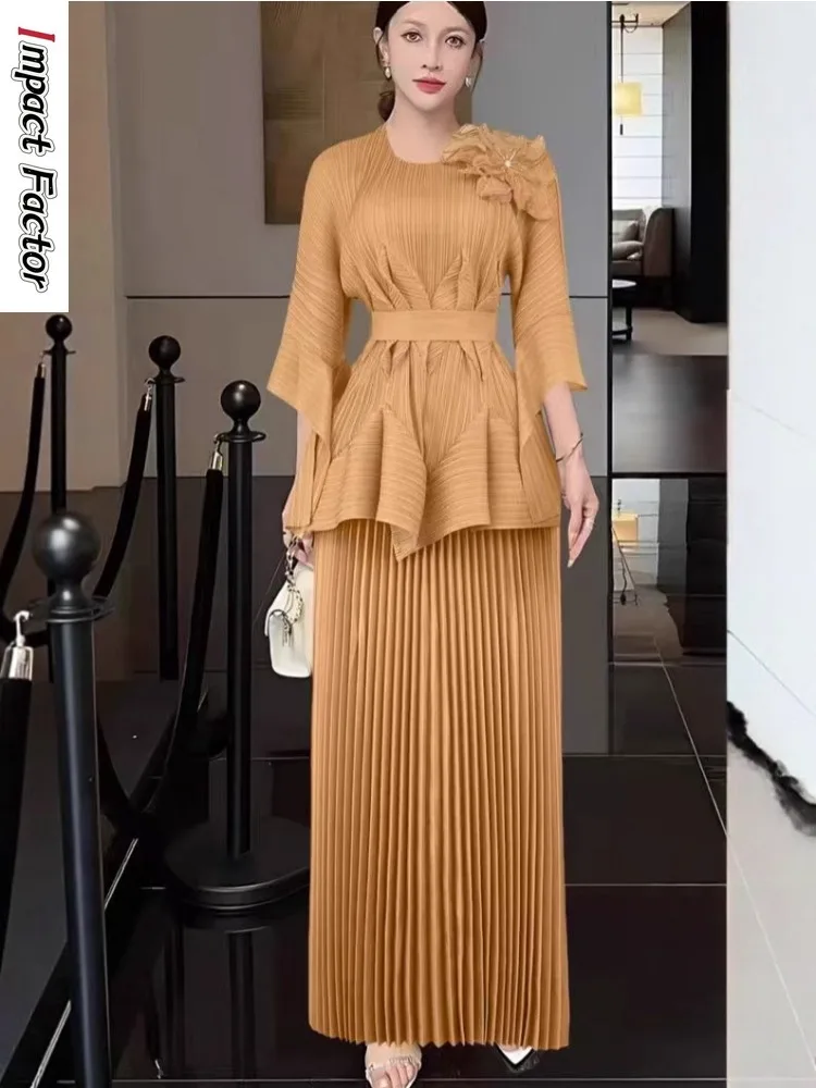 

Miyake плиссированный однотонный топ + плиссированная юбка, комплект из двух предметов, осень 2023, новый модный свободный комплект женской одежды