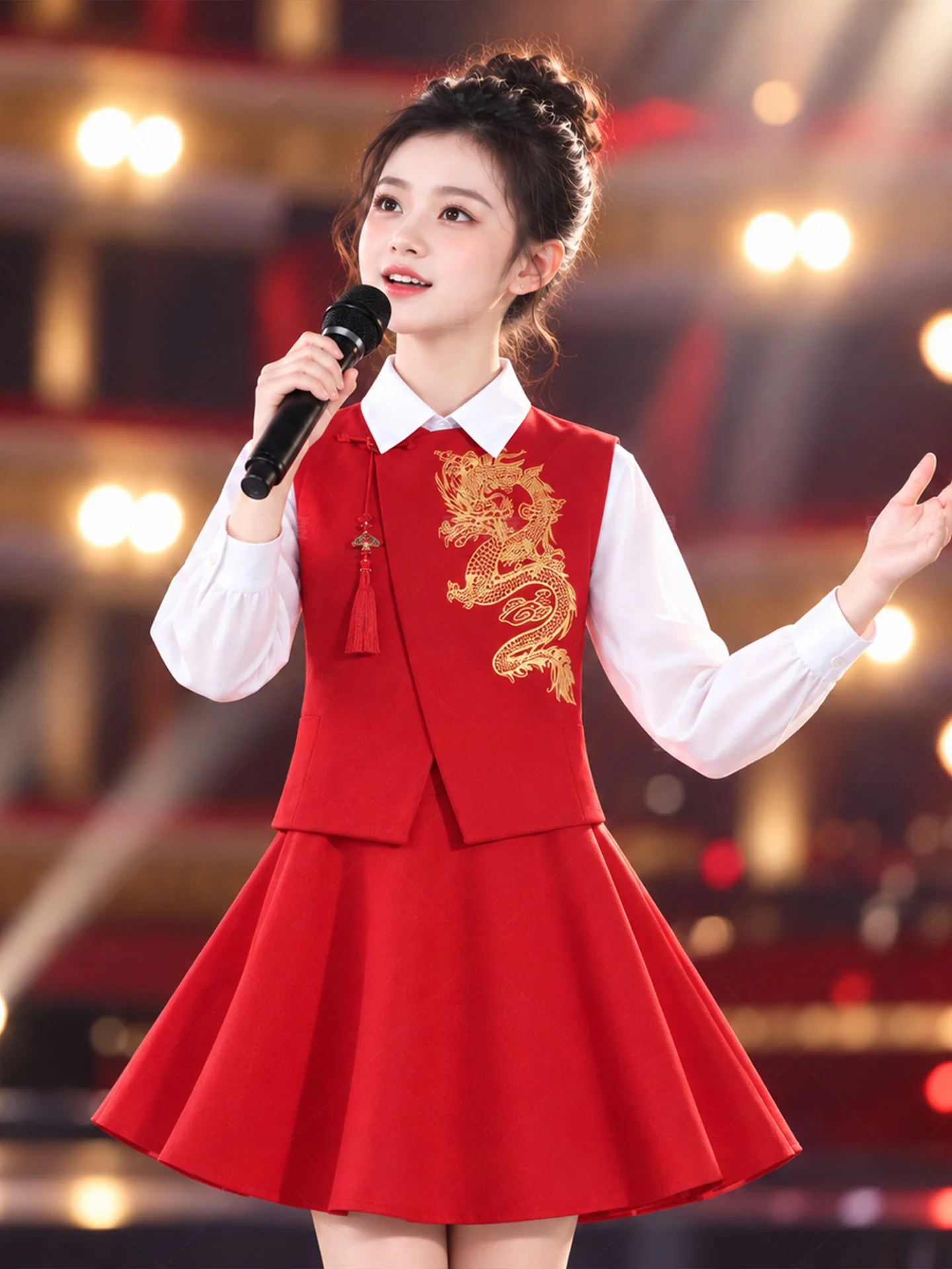 建国記念日赤い子供合唱団パフォーマンス衣装女性用愛国スピーチホステスドレスソフトで通気性のあるポリエステル繊維