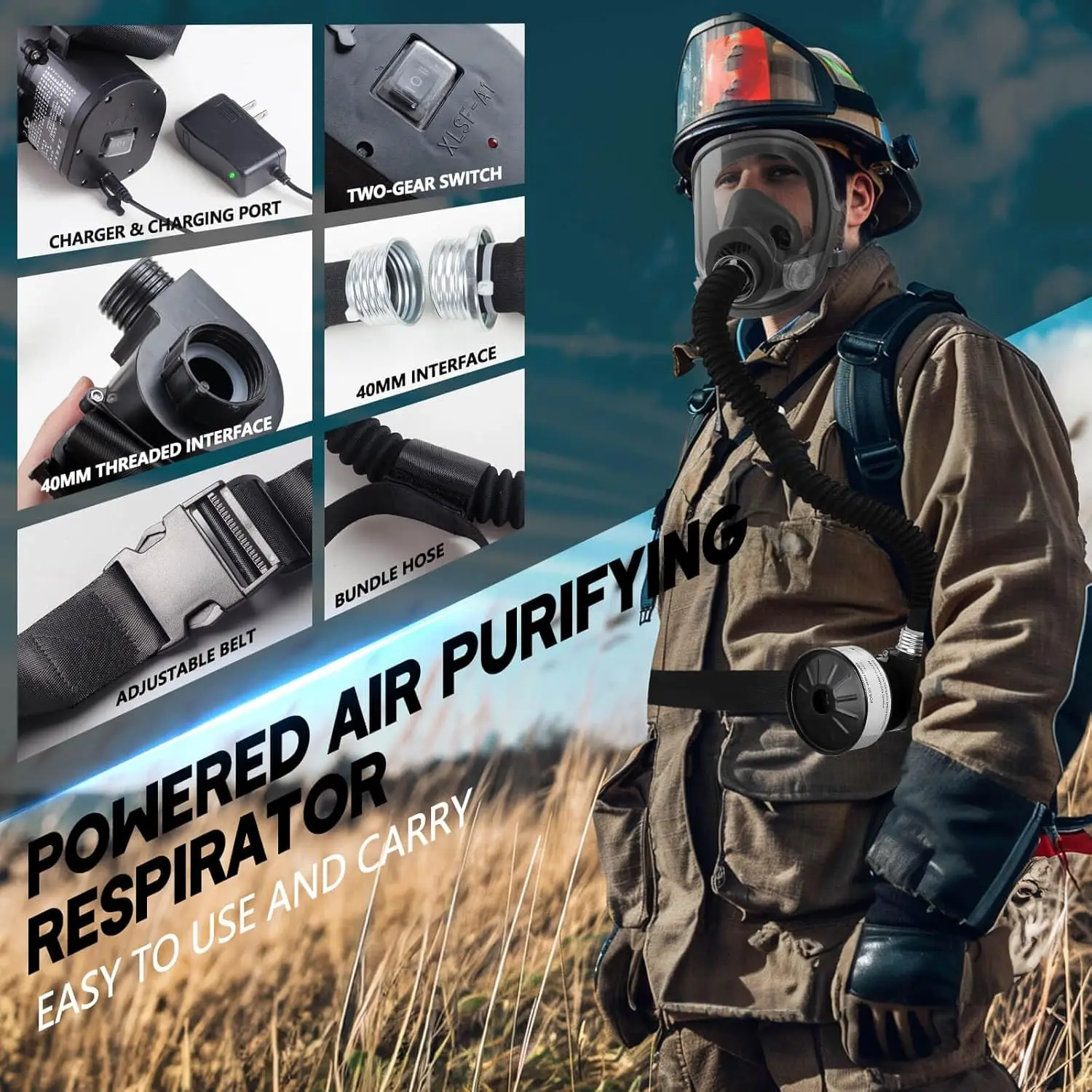 Powered Air Purifying Respirator - Supplied Air Respirator with 40mm Gas Mask Filters Full Face