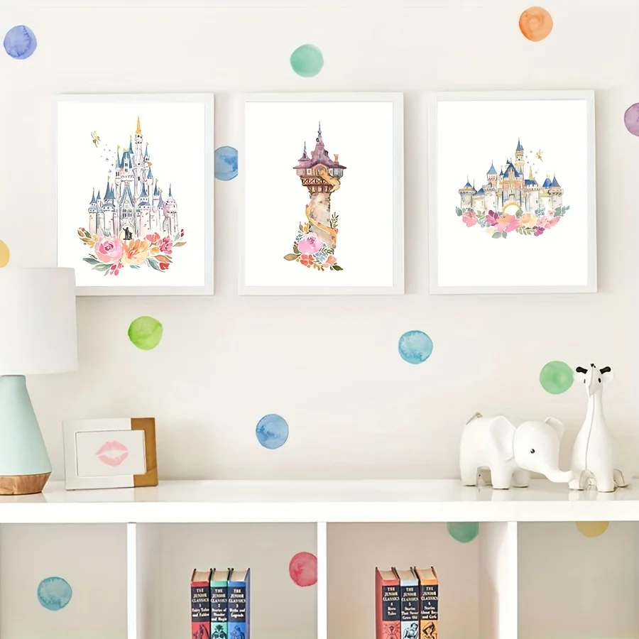 Princess Castle With Watercolor Floral Art Prints Repunzel's Tower Poster Cinderellas Castle Canvas Painting Girls Room Decor