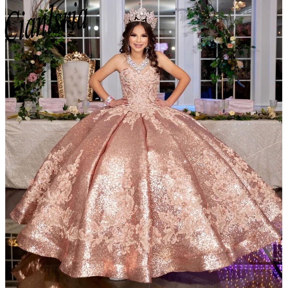 Sparkly rosa quinceanera vestidos tule apliques princesa vestido de baile festa aniversário vestido formal de 15 años