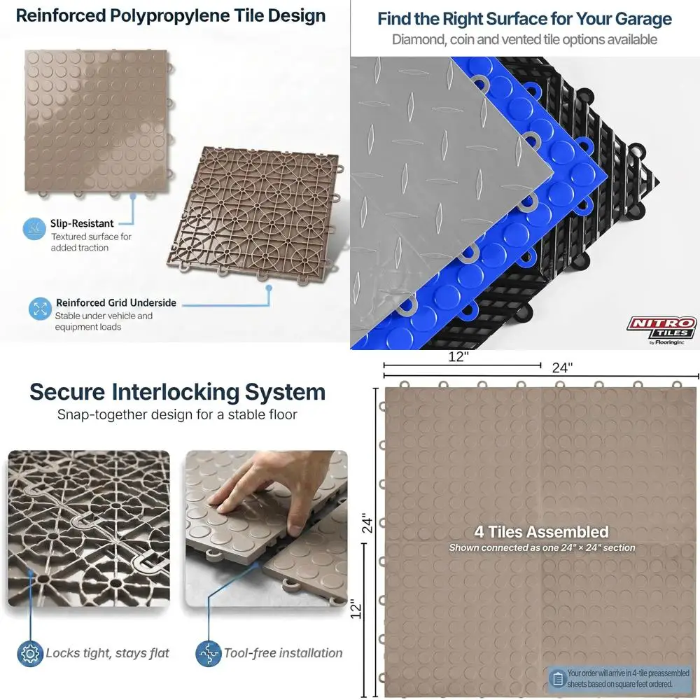 

12 x 12 Interlocking Garage Floor Tiles, Coin Pattern Polypropylene Flooring, Heavy-Duty Snap-Together, Non-Slip, Sahara Sand, 2