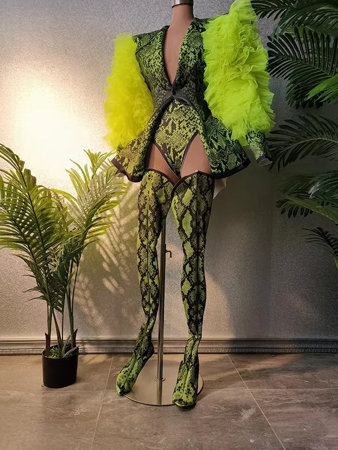 Fashion Women Snake Print Long Sleeve Bodysuit Outfit Set Prom Show Club Costume Birthday Celebrate Dance Singer Bar Clothes