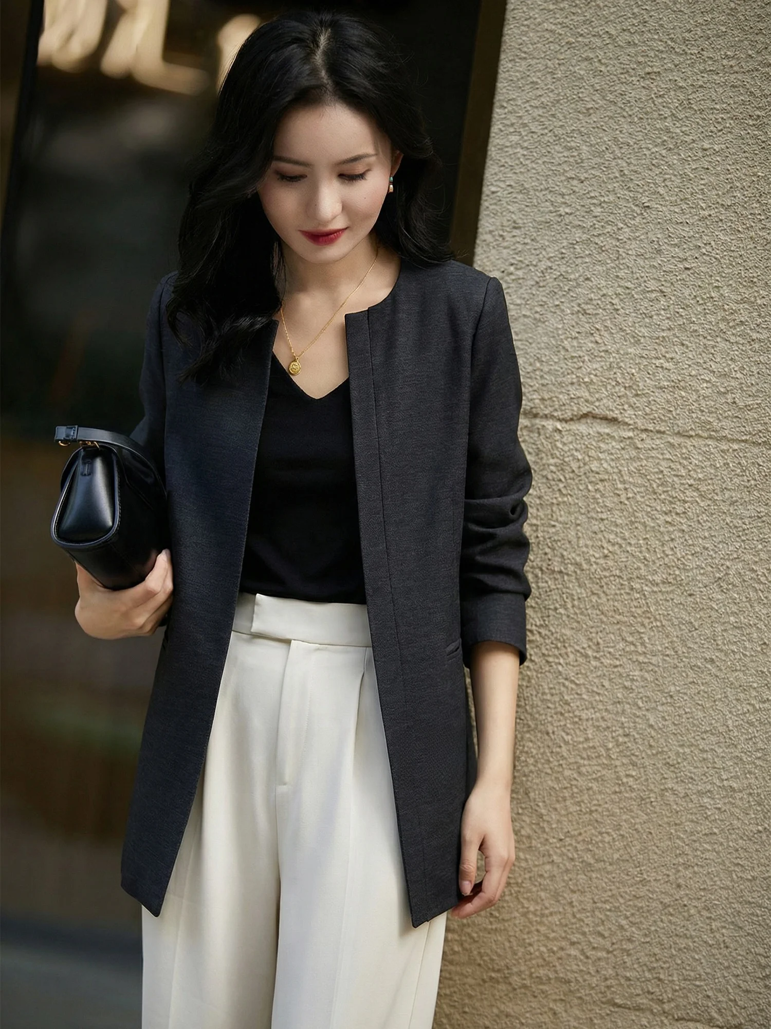 

Chivirin Cotton Blend Commuter Sle Women's Jaet Casual Nel Suit Outerwear Spring Faion Versatile Top