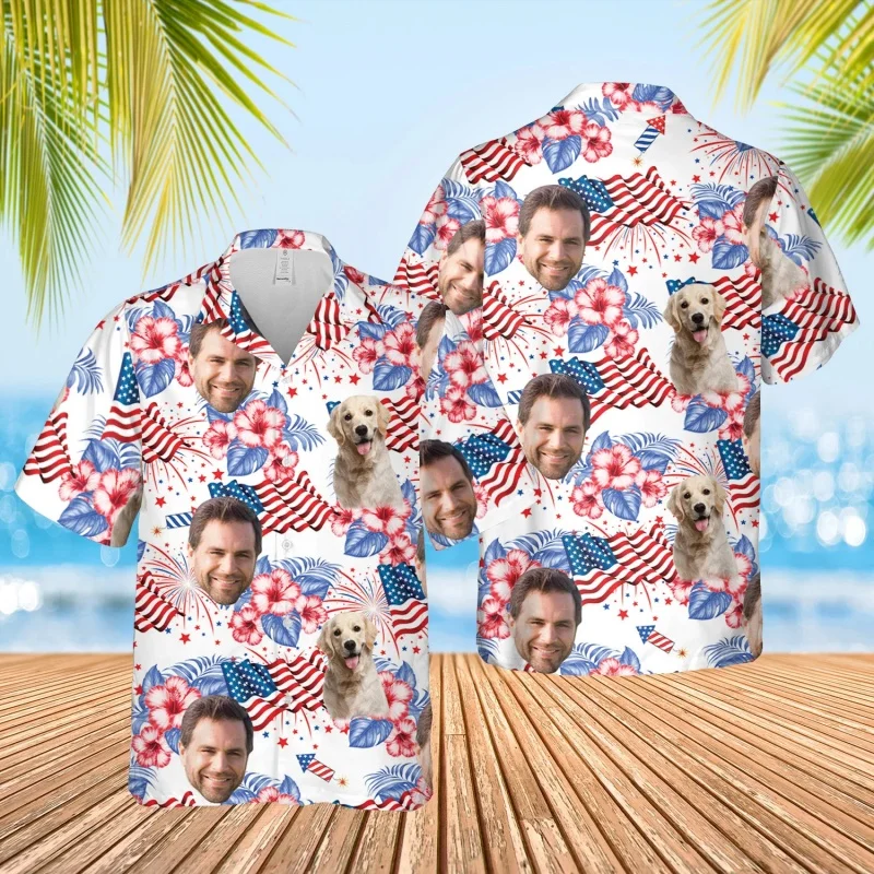 Funny Customized Face USA 250th Anniversary Hawaiian Shirt For Men 3D Print Patriotic Pet Flag Summer Blouses Lapel Aloha Shirts