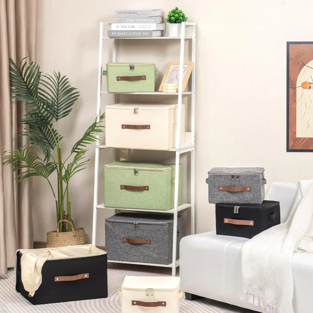 

Storage Bins, with Zipper Lid, Washable Collapsible PU Leather Handle Cotton Linen Fabric Shelf, Closet Organizer Container