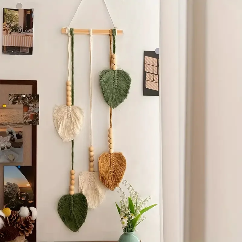 Böhmischer Stil Handgewebter Baumwollseil-Blatt-Wandbehang Kreative Heimdekoration Zimmer-Wandkunst Quasten-Wandteppich