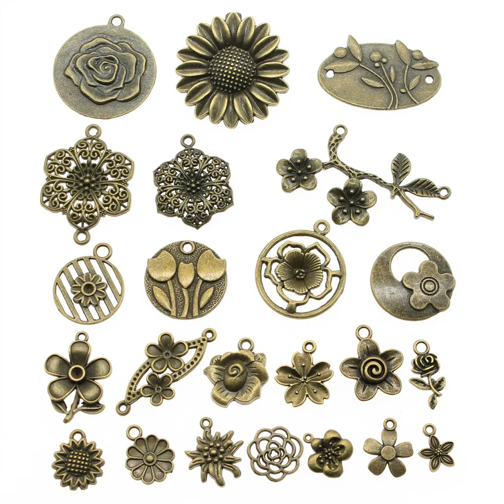 WYSIWYG 40g Antique Bronze Color Zinc Alloy Random Mix Styles Flower Charms DIY Handmade Craft For Jewelry Making