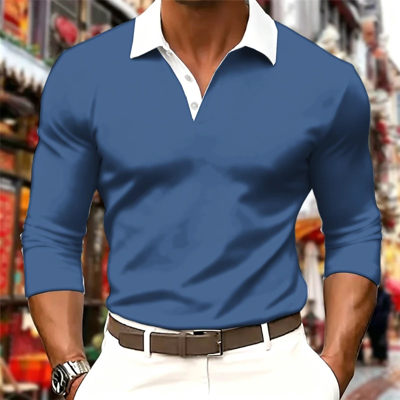 Men Contrast White Collar Long Sleeve Polo Shirt V Neck Button Floral Ginkgo Leaf Print Solid Color Slim Fit Business Casual Top