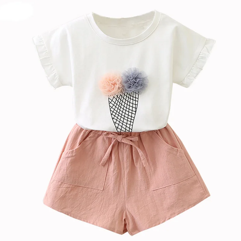 

2-7Y Kid Girl Clothes Set Cartoon Ice Cream T-shirt+Short Pant 2Pcs Girl Suit Casual Children Clothing Cotton Baby Outfit A1159