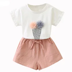 2-7Y Kid Girl Clothes Set Cartoon Ice Cream T-shirt+Short Pant 2Pcs Girl Suit Casual Children Clothing Cotton Baby Outfit A1159