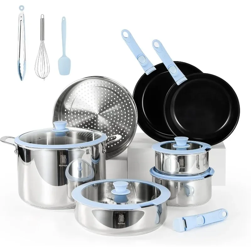 

Healthy Ceramic Cookware Set,Large Stockpot with Steamer,Stainless Steel Pot Set with Detachable Handles, for All Stoves