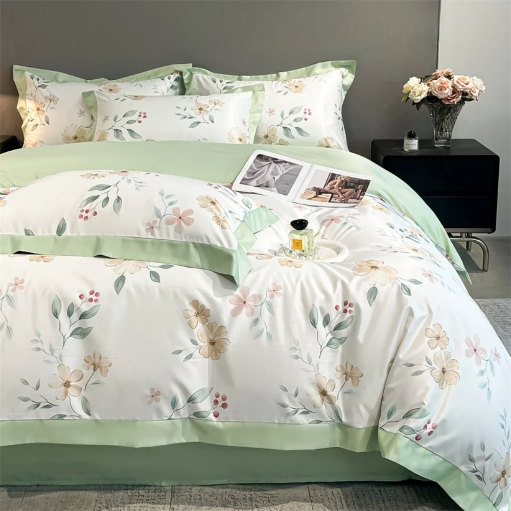 

Flower Printed Duvet Cover Set Luxury Satin Silk Bed Cover Bed Sheet Pillowcase Queen/King Size Soft Silky Coolling Bedding Set
