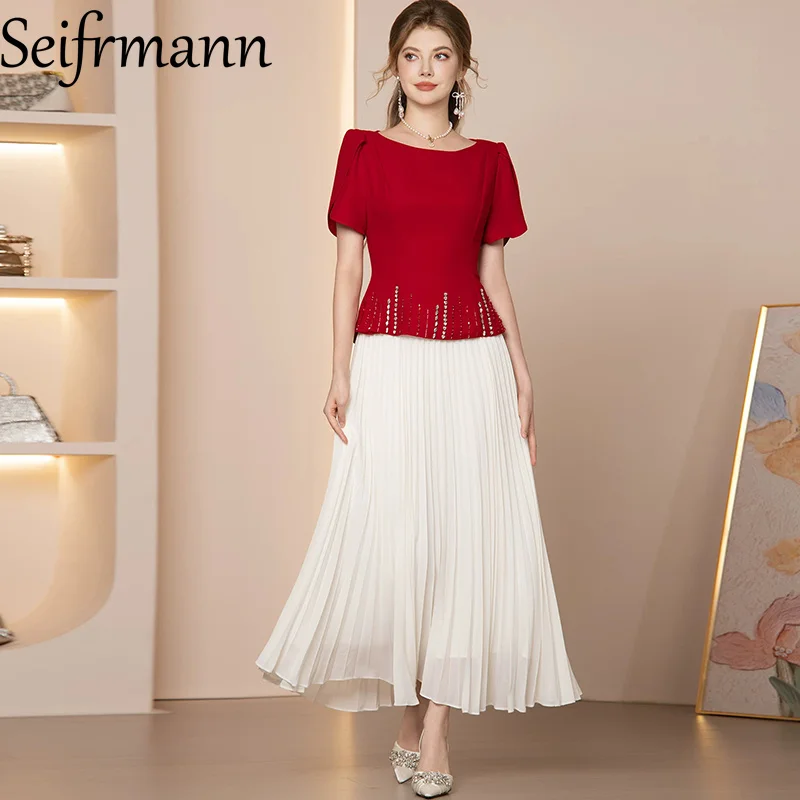 Seifrmann Stitched nail diamond contrast color pleated dress round neck short sleeve waist dress 2026 summer Women's New Style