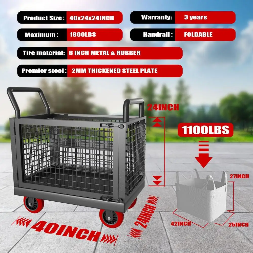 5IN1 Heavy Duty ตาข่ายกรงรถเข็น 1800lbs และ 360 ล้อหมุนอเนกประสงค์แพลตฟอร์มรถบรรทุกมือโกดังซูเปอร์มาร์เก็ต