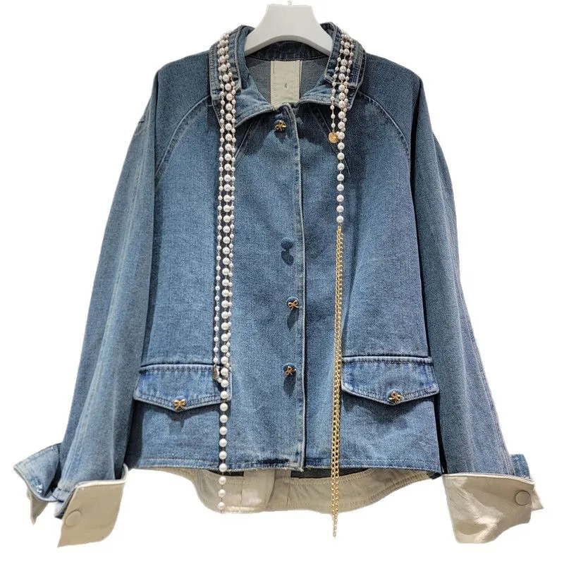 

Chic Woman Blue Turn Down Collar Pearls Beaded Tassels Denim Jacket Spring Diamonds Fringed Jeans Coat Cowboy Cardigan Tops 2025