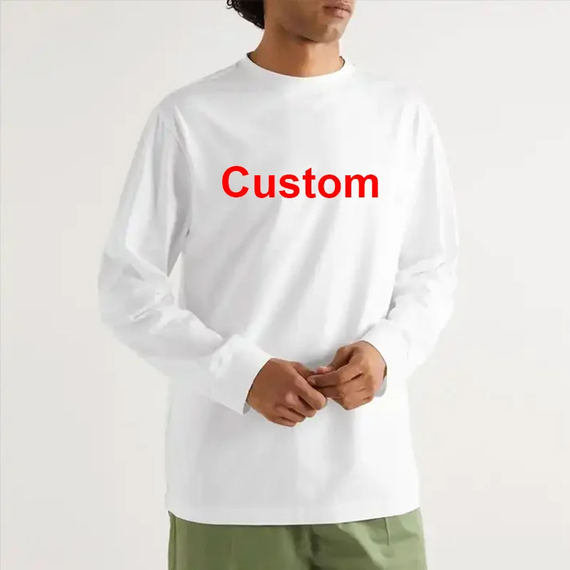 DIY Custom LOGO 260GSM 100% Cotton Heavy Weight Oversized Men T-shirt Long sleeves Pure Color For Winter Autumn Streetwear Tops