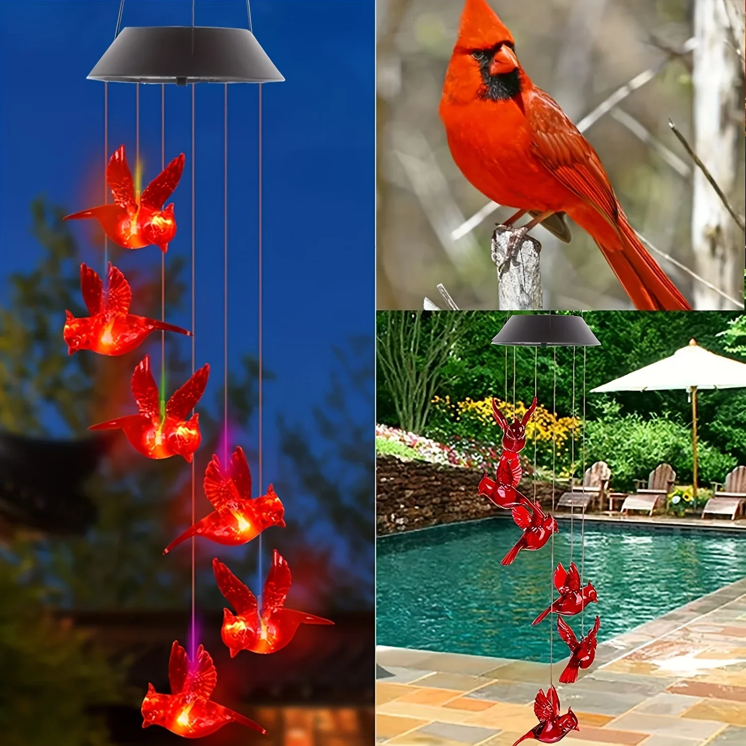 Cardinal Solar Wind Chime Waterproof Hanging Garden Night Light Gardening Gifts For Birthday Yard Garden Outside Patio Decor