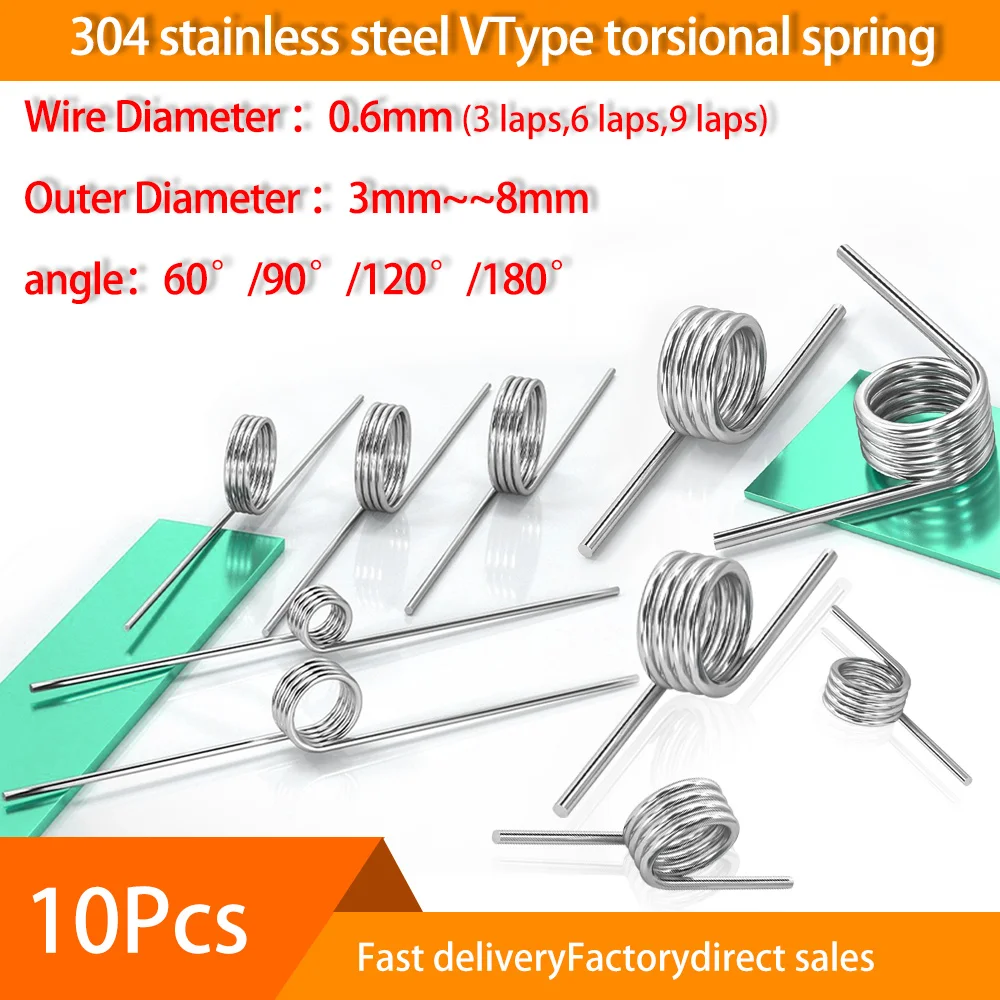 10Pcs 304 torsional spring 0.6mm Wire Diameter V Type Spring 3mm - 8mm Outside Diameter 60/90/120/180 Degree Reset Springs