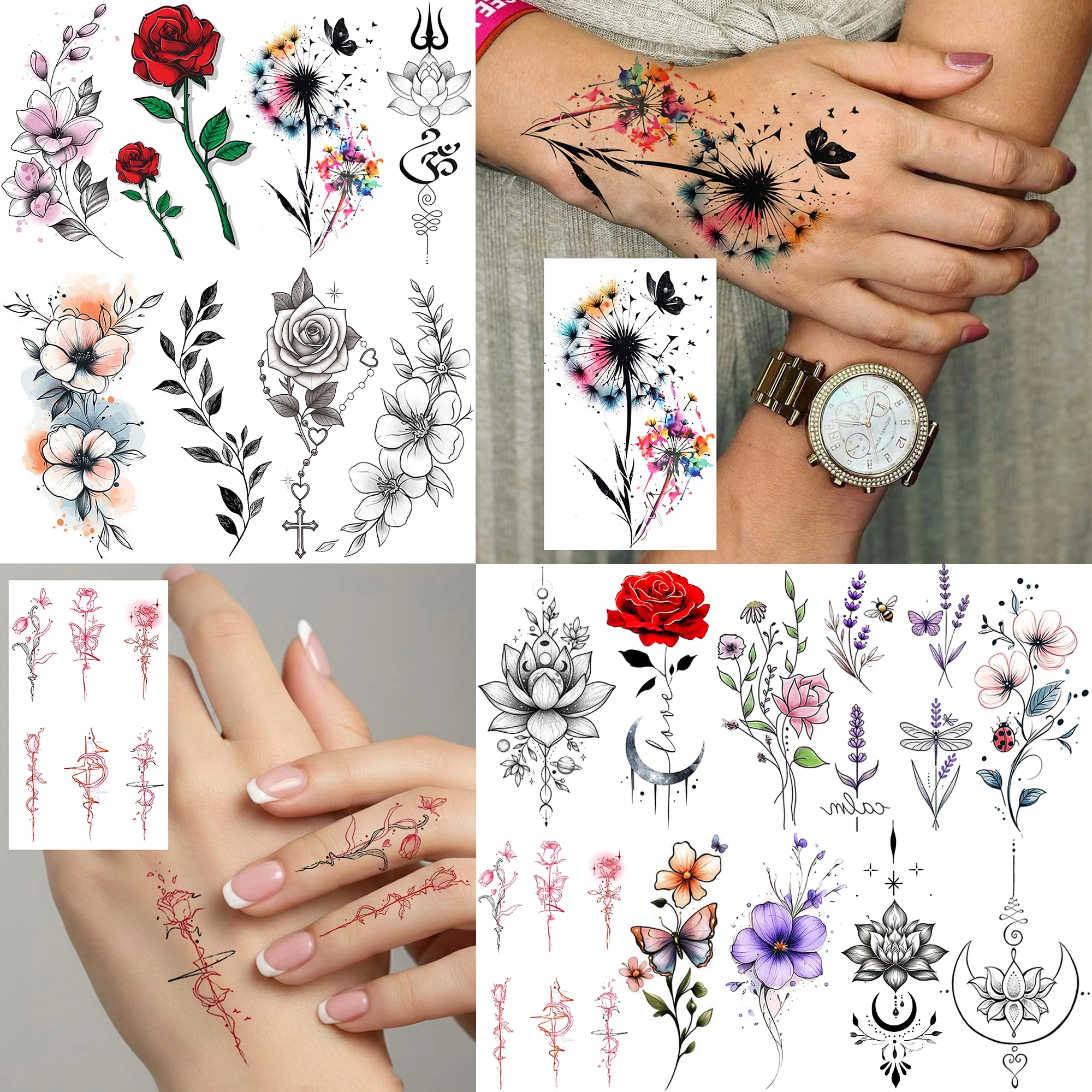 1 Sheet Painted Rose Dandelion Temporary Tattoos For Women Hands Arm, Fake Tattoo Stickers Long Lasting Realistic Tatoo Body Art