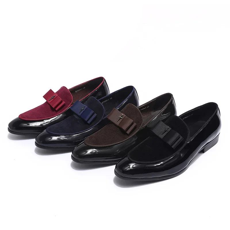 Mocassini da uomo fatti a mano in vera pelle verniciata Patchwork in pelle scamosciata con papillon calzature da sposa scarpe eleganti da banchetto