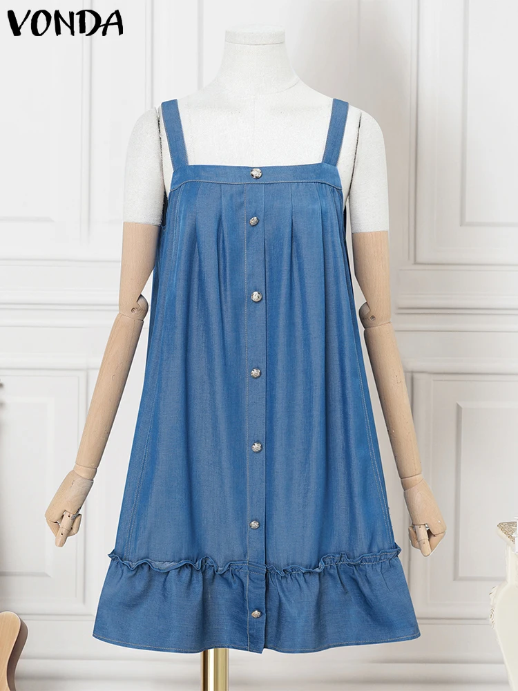 

Платье больших размеров без рукавов, летние вечерние платья, женский повседневный мини-джинсовый сарафан с квадратным рукавом, 2025 г., свободный халат с рюшами на пуговицах