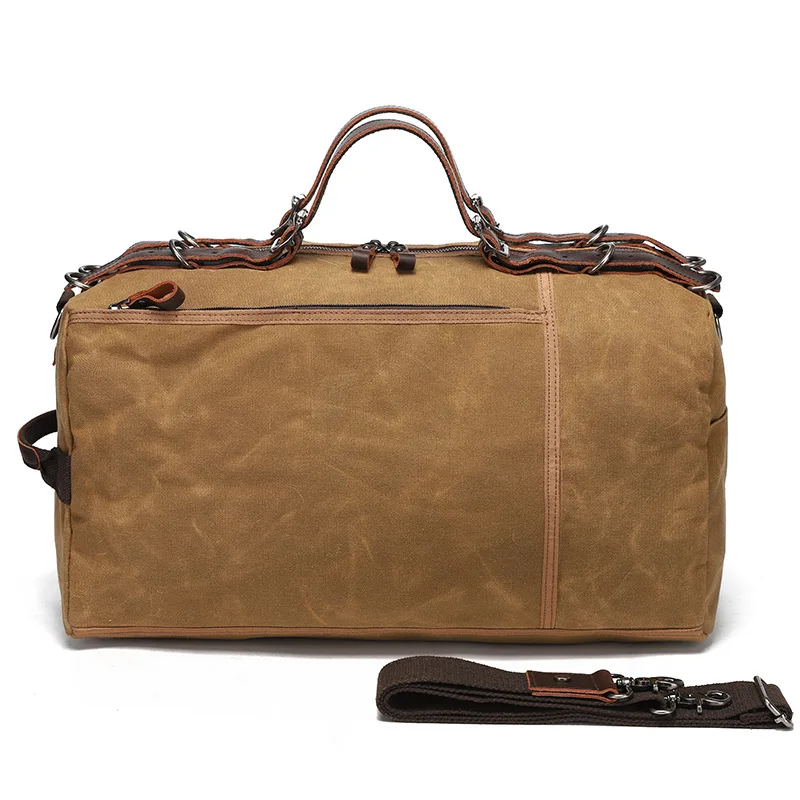 Casual Waxed Canvas Weekender Duffle Bag Men Spacious Overnight Carry-On Travel Bag with Leather Trim Detachable Shoulder Strap