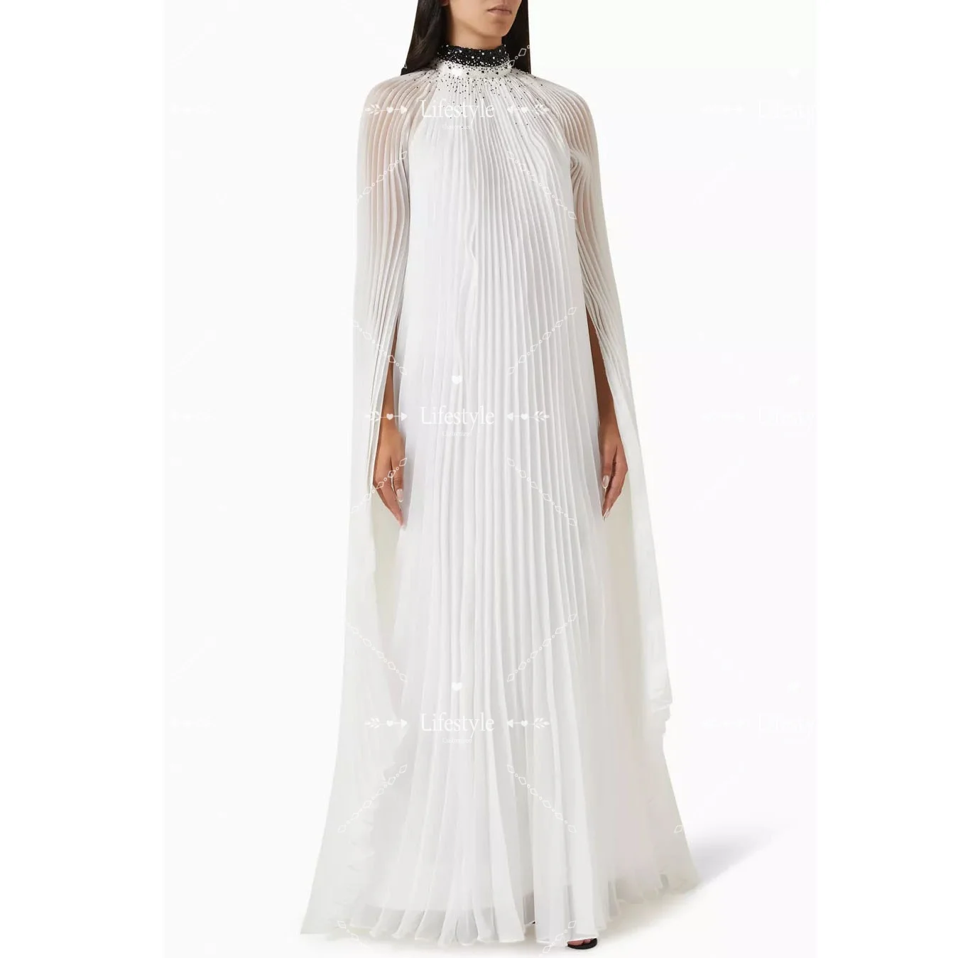 

Customized High Neck Organza Beaded Prom Dresses Pleated Cloak Formal Evening Dress High Quality Elegant Formal Gown