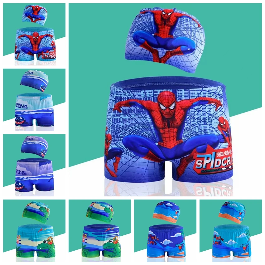 Summer Baby Boys Swimwear Cartoon Spider Man Print Swimming Trunks Cap 2 PCS Set Kid Girl Casual Beach Shorts Pant Hat Suit 0-9T