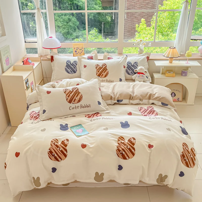 Cotton Cute Animal Theme Duvet Cover Set Colorful Love Pattern Bedding Letter Print Single Double Quilt Cover（2 Pillowcases）