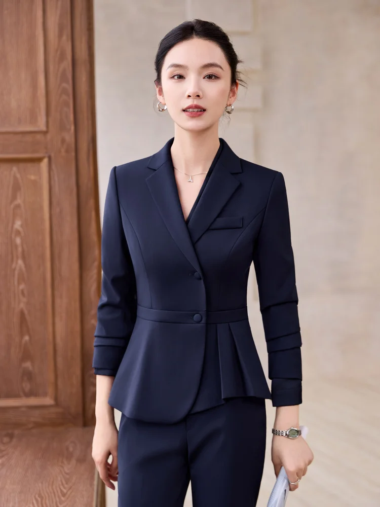 High-end professional women's suit set for autumn, elegant hotel receptionist workwear, long-sleeved blazer for jewelry store