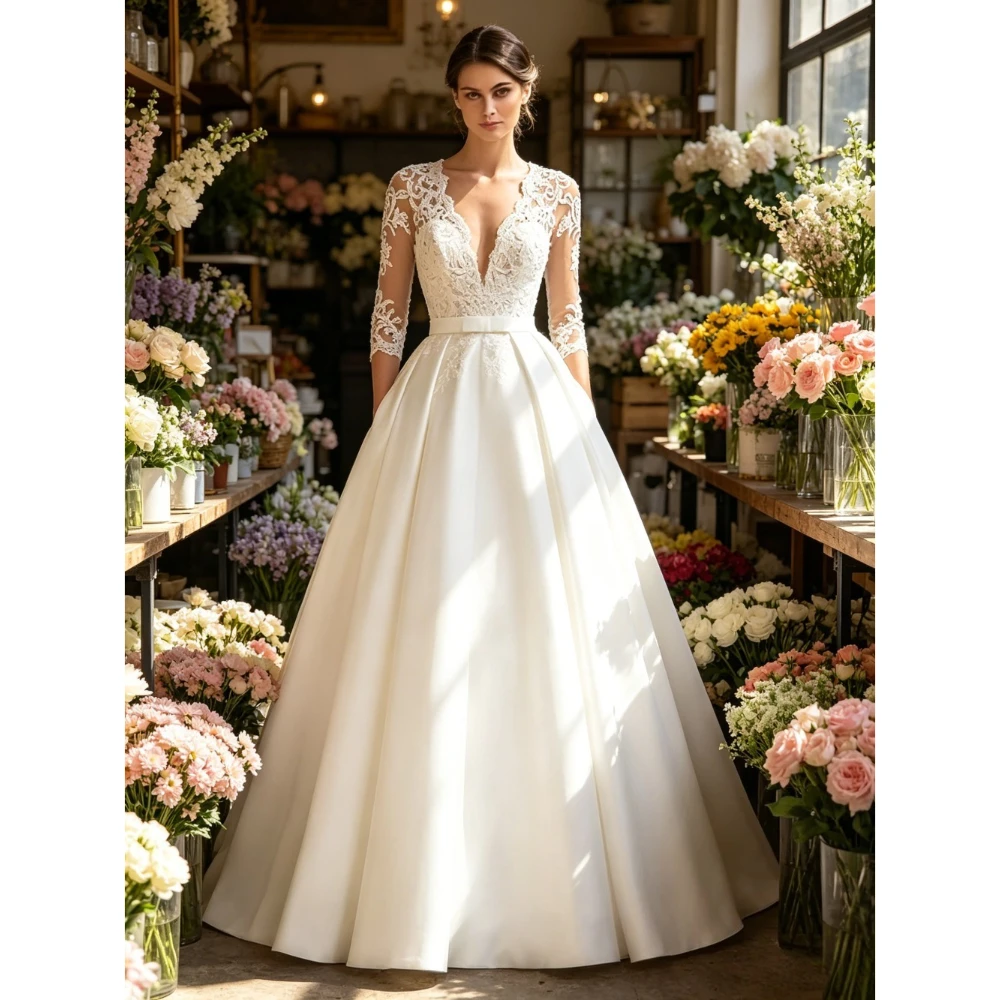 Custom Vintage Satin Bridal Gown 2026 White Lace 3/4 Sleeve Fitted Waist Deep V Transparent Back A-line Church Wedding Dresses