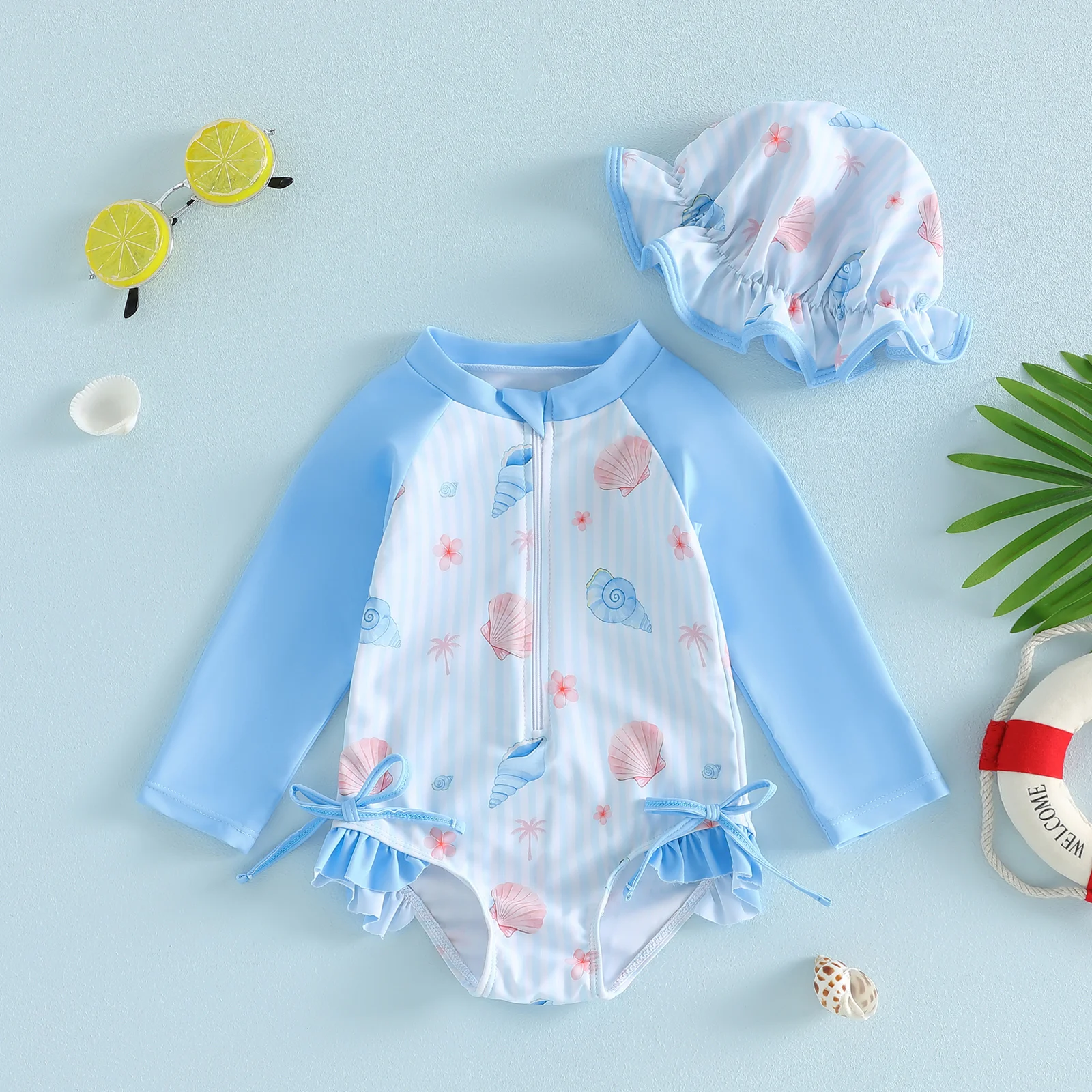 Toddler Baby Girl Swimsuit Set Seashell Flower Long Sleeve Rash Guard Swimwear Summer Beach Bathing Suit with Sun Caps Monokini
