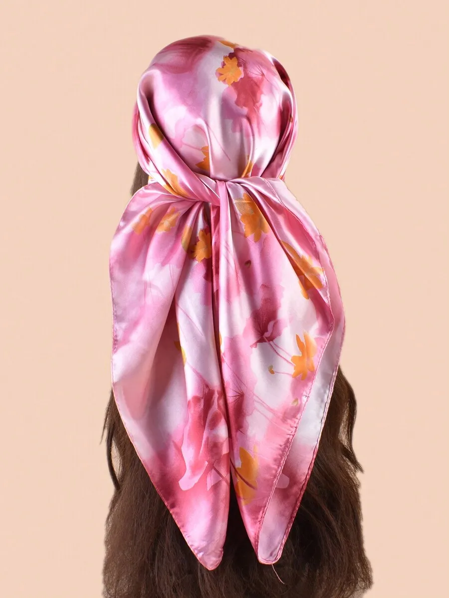 Elegant Artistic Lotus Floral Print Silk-Like Women's Square Scarf, Casual Sun Protection Headscarf